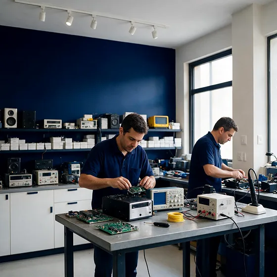 Laboratório da DS Eletrônica com técnicos na bancada
