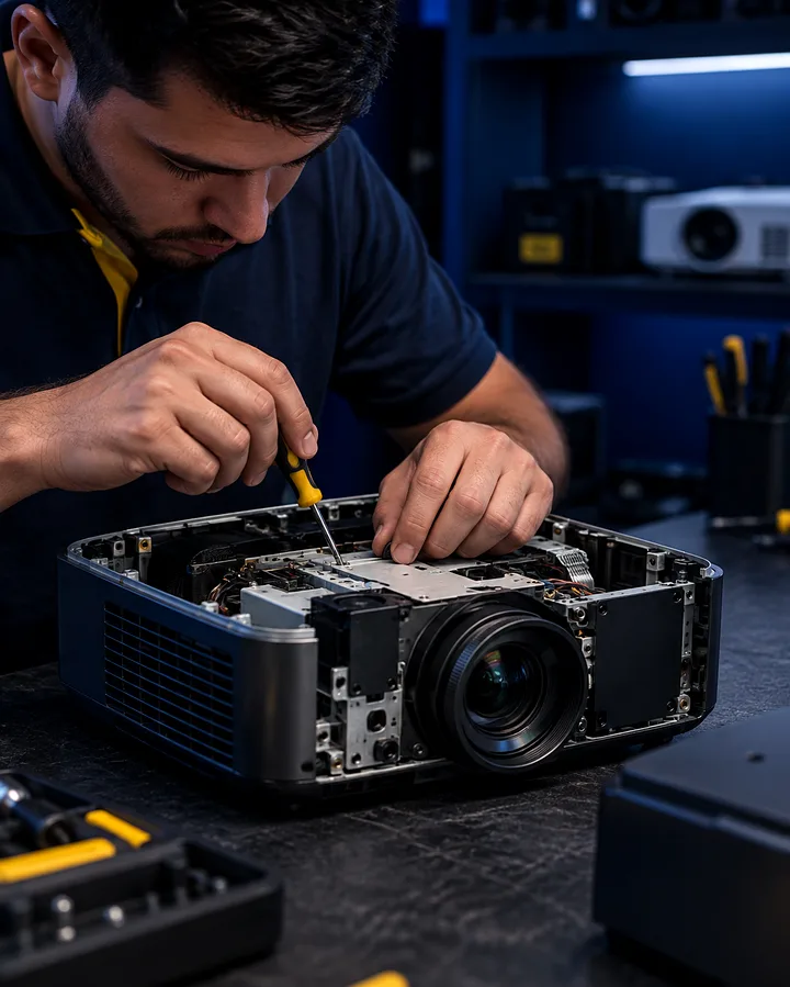 Técnico da DS Eletrônica consertando um projetor na bancada